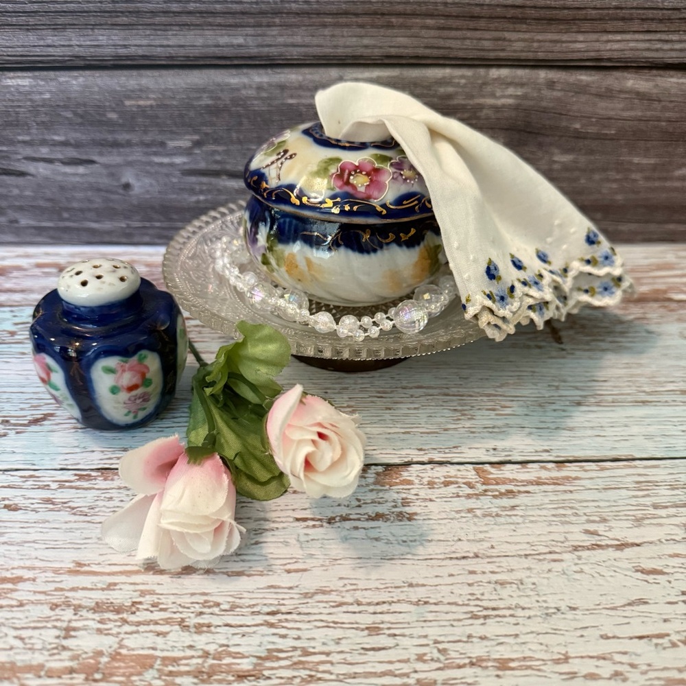Antique porcelain hair catcher bowl trinket box cut glass tray silver pedestal